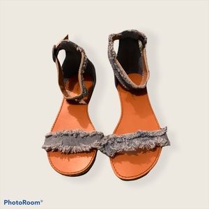 Frayed denim ankle strap sandals